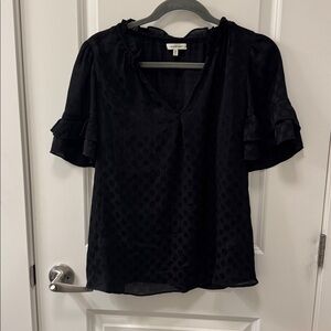 Max Studio size Medium Sheer Black Polka Dot Textured Blouse with Ruffle Sleeves